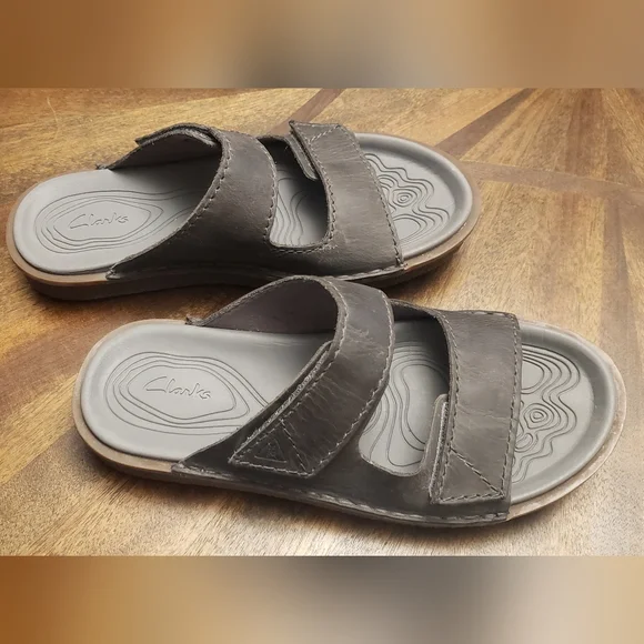 Litton Clarks Sandals Mens Clarks Litton Leather Dark Gray Slide